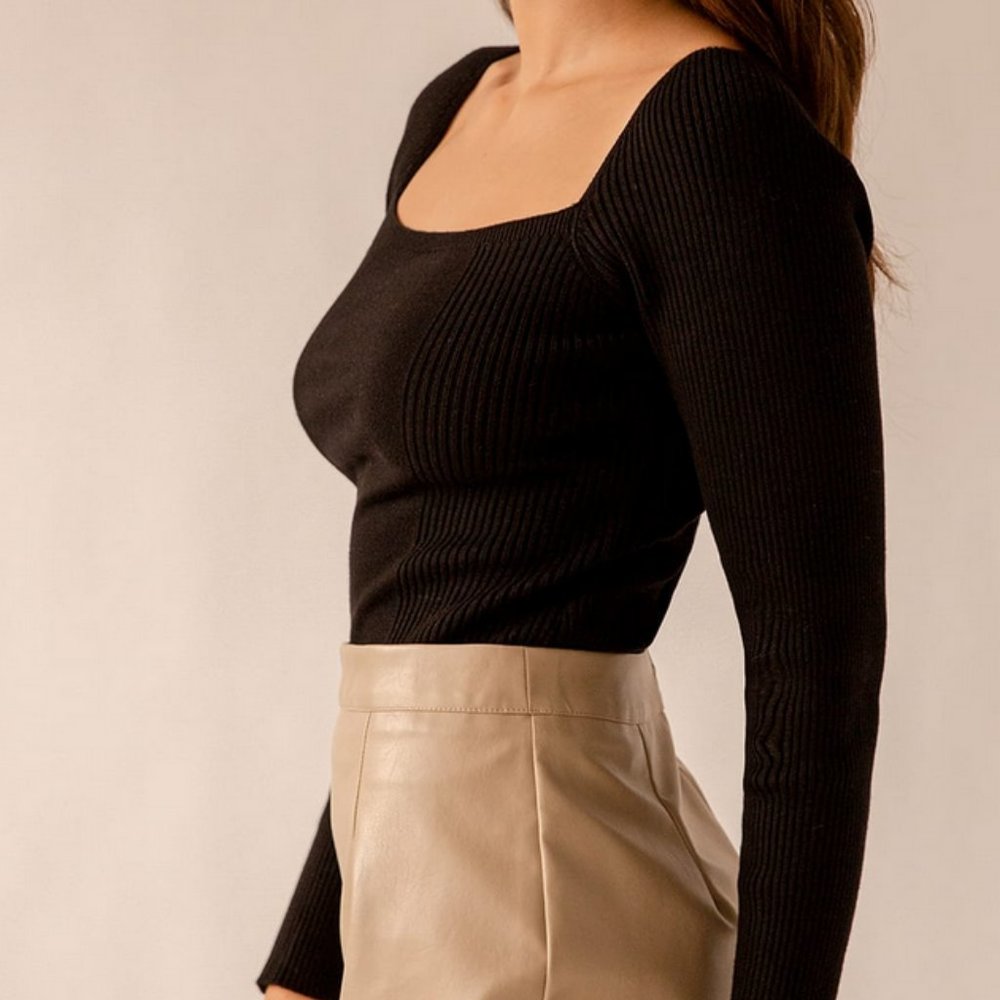 LULUS - Black Ribbed Square Neck Sweater Top - Womens - Size S - Picture 3 of 8